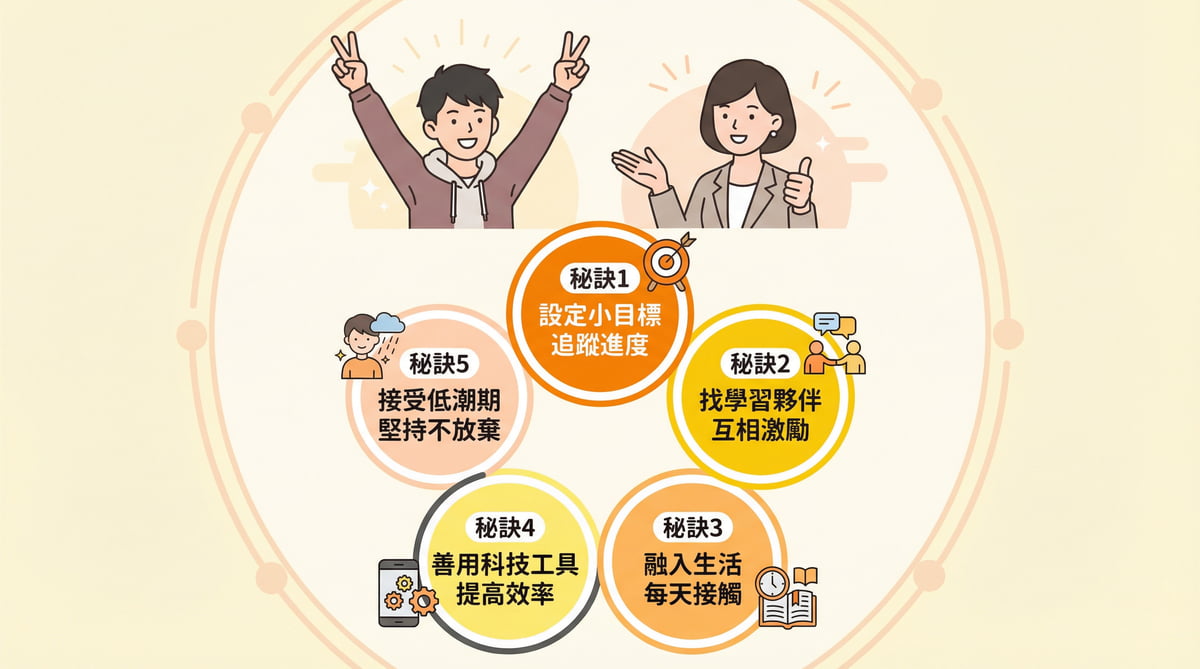 日檢N5學習效率提升秘訣，設定小目標追蹤進度、找學習夥伴、融入生活、善用科技工具、接受低潮期
