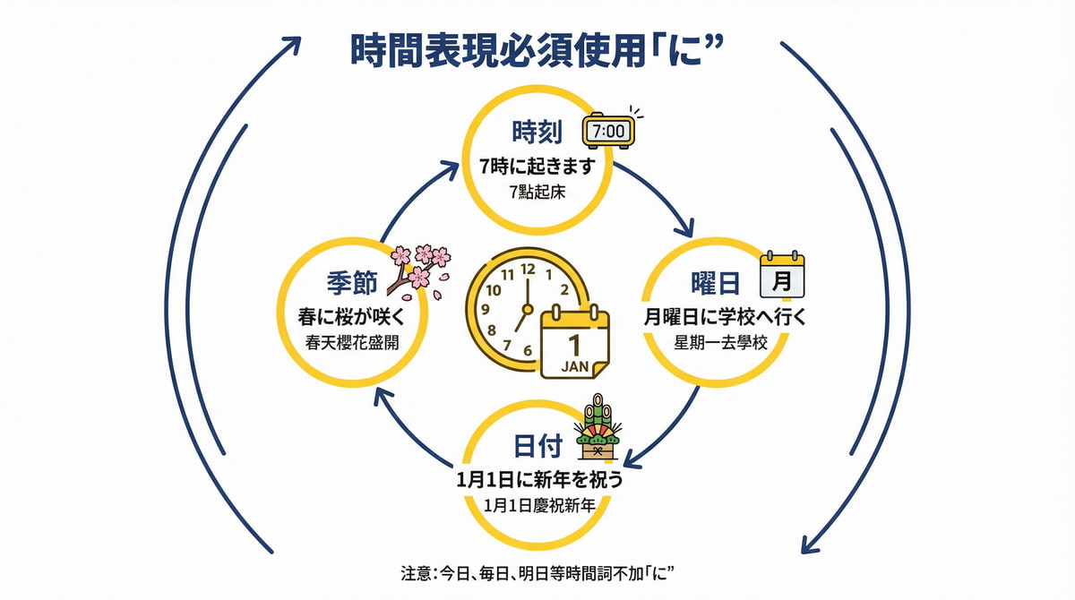 日語時間表現必須使用に,包括時刻曜日日付季節的用法說明和例句,注意今日毎日明日等時間詞不加に