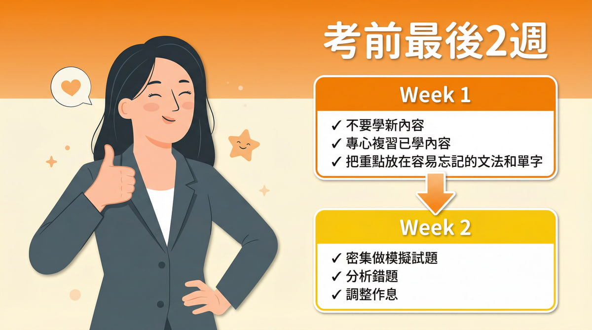 日檢N5考前最後2週準備指南，第1週複習已學內容、第2週密集做模擬試題分析錯題調整作息
