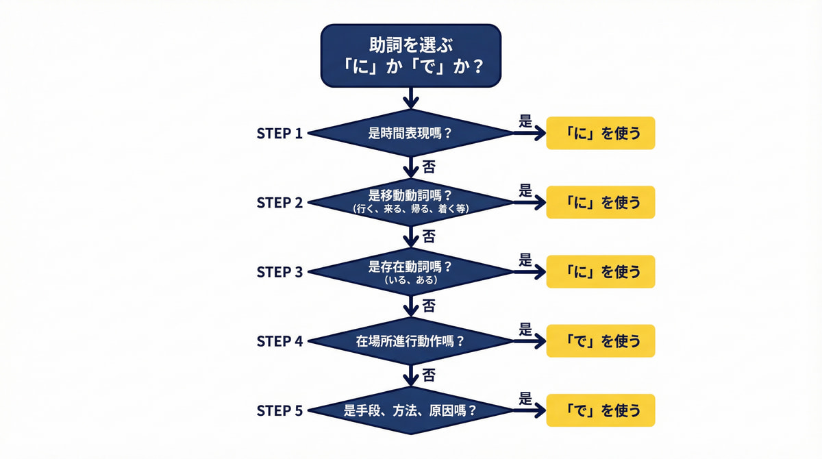日語助詞に和で的判斷流程圖,依序判斷是否為時間表現移動動詞存在動詞場所動作手段方法原因來選擇正確助詞