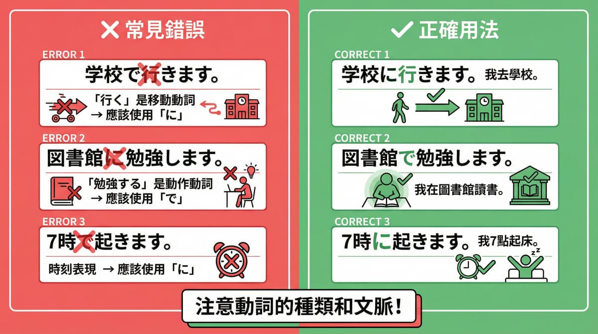 日語助詞に和で的常見錯誤和正確用法對比,說明移動動詞應該使用に動作動詞應該使用で時刻表現應該使用に