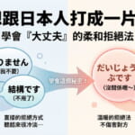 日語拒絕表達方式對比圖，展示冰冷的直接拒絕與溫暖的大丈夫です用法差異，適合日語學習者理解日本溝通文化