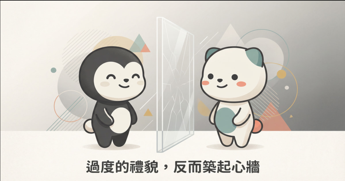 過度敬語造成心理距離示意圖，兩個人物之間有透明隔閡，象徵過度禮貌反而築起心牆