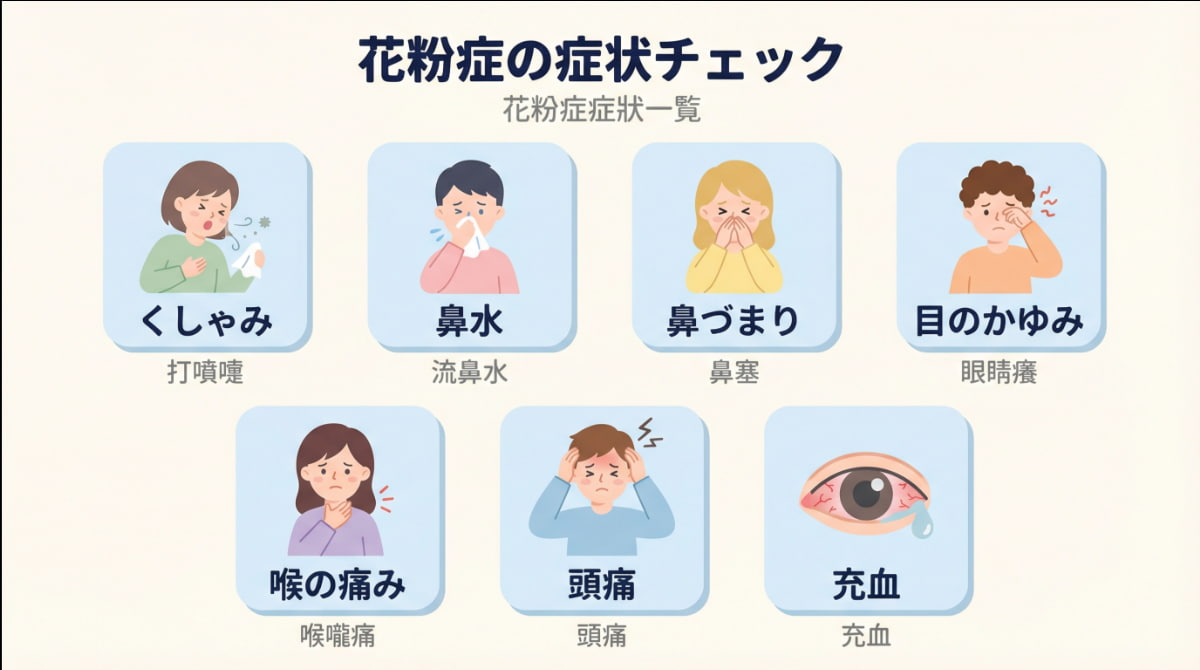 花粉症七大症狀日語單字圖解：くしゃみ打噴嚏、鼻水流鼻水、鼻づまり鼻塞、目のかゆみ眼睛癢、喉の痛み喉嚨痛、頭痛、充血