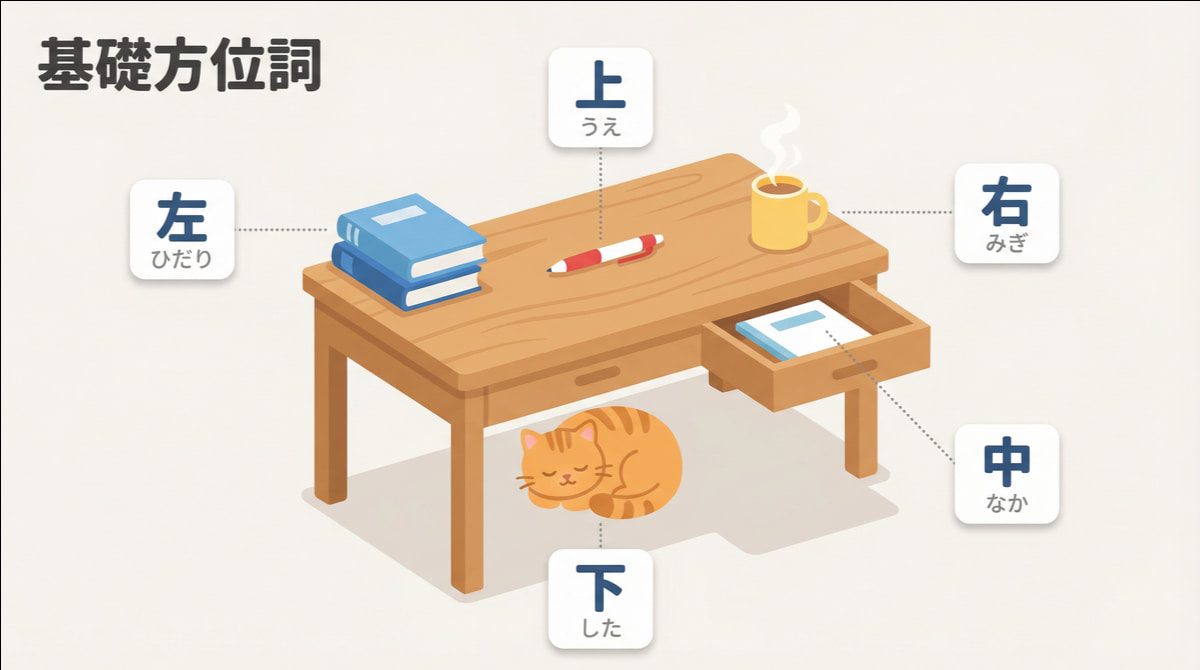 日文基礎方位詞圖解：用桌子說明上下左右中的位置關係，桌上有筆、桌下有貓、左邊有書、右邊有杯子、抽屜中有筆記本