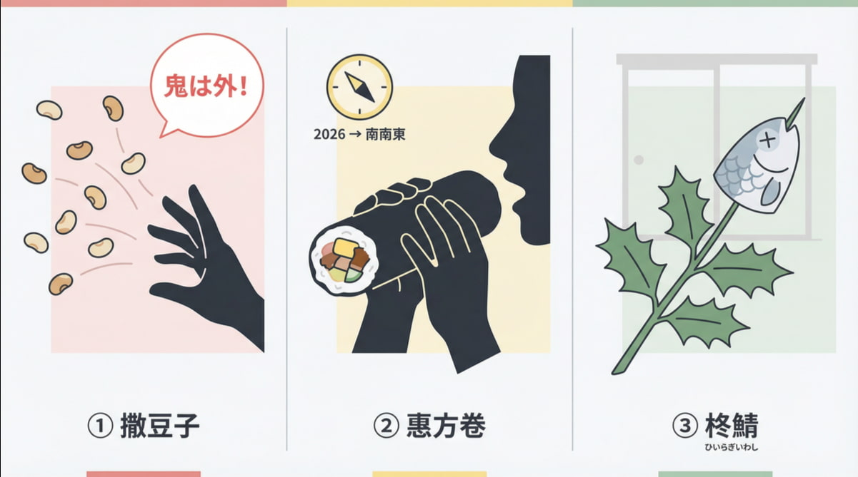 日本節分三大習俗圖解:撒豆子喊鬼は外、面向南南東吃惠方卷、門口掛柊鰯驅邪