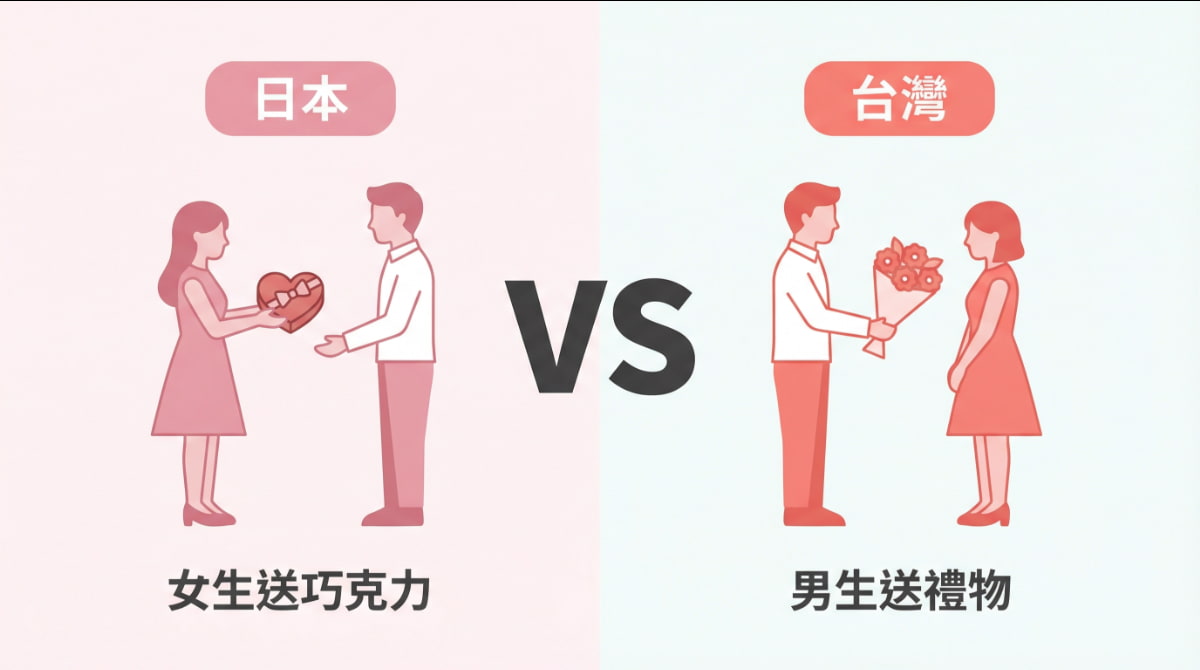 日本與台灣情人節文化比較圖：日本女生送巧克力給男生，台灣男生送禮物給女生