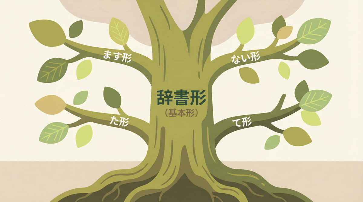 一張圖解日文動詞變化的樹木比喻圖。粗壯的樹幹代表「辞書形(基本形)」,從中延伸出的枝幹則標示著「ます形」、「ない形」等不同活用形。