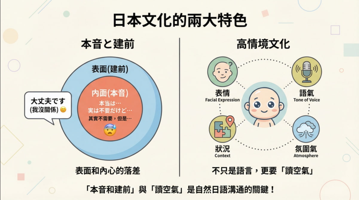 日本溝通文化解說圖，說明本音與建前以及高情境文化特徵，幫助理解日本人為何使用大丈夫です間接表達