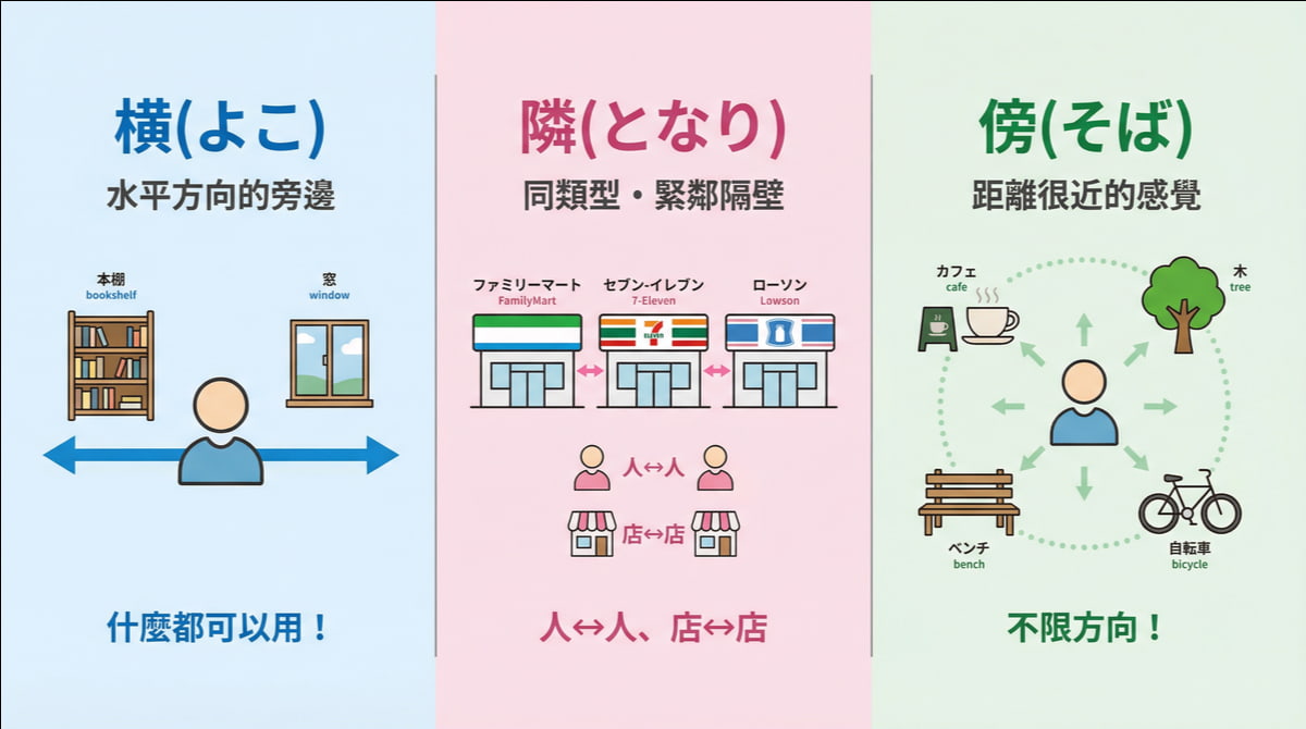 日文横隣傍差異比較圖：横是水平方向的旁邊、隣是同類型緊鄰隔壁、傍是距離很近的感覺，用便利商店和人物圖示說明