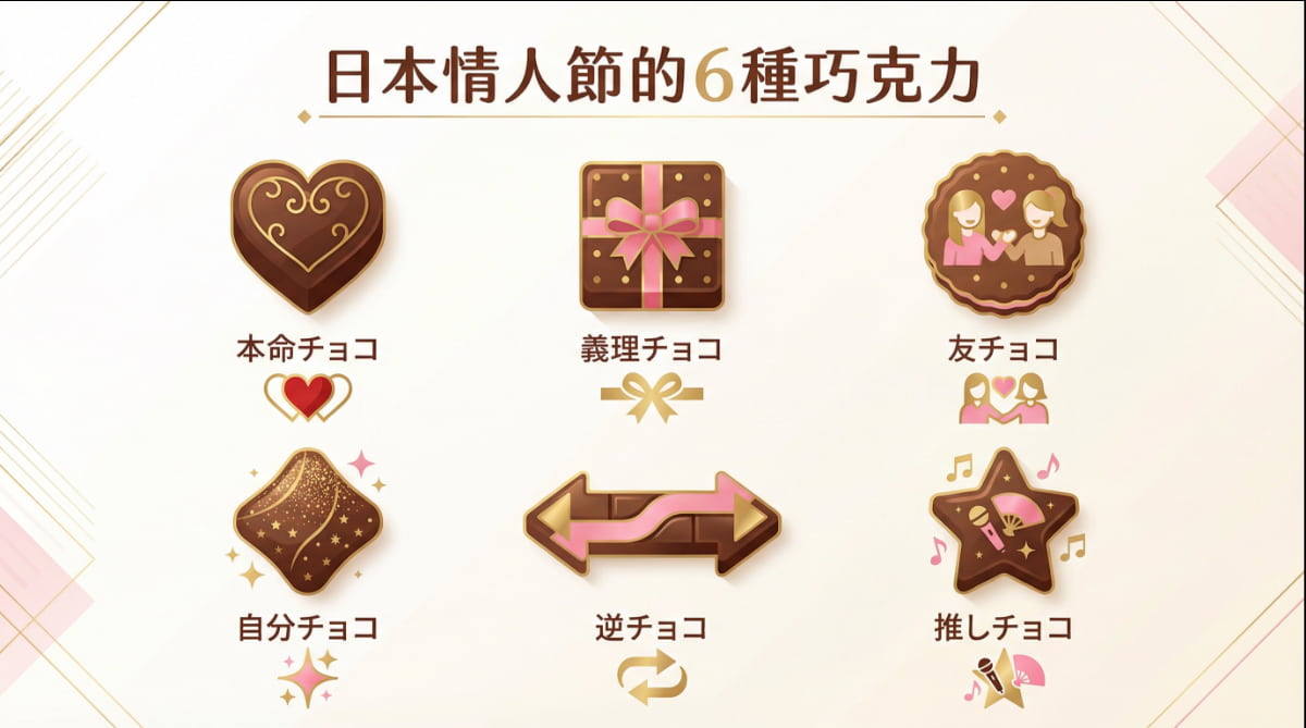日本情人節6種巧克力圖解：本命チョコ、義理チョコ、友チョコ、自分チョコ、逆チョコ、推しチョコ