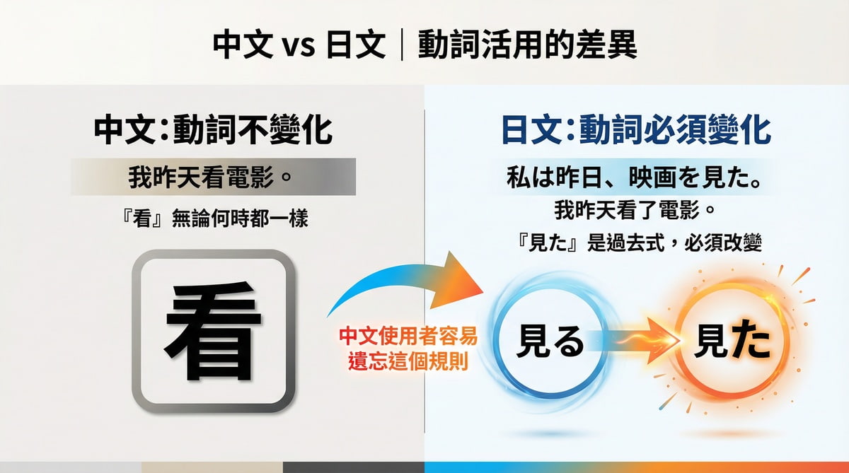 中文與日文動詞活用的差異對比圖,說明為什麼台灣人容易忘記使用日語過去式