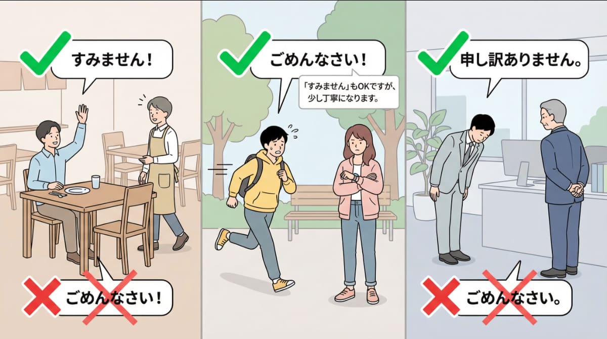 日語道歉常見錯誤場景圖解：餐廳叫服務員、朋友遲到、向上司道歉時的正確與錯誤用法比較