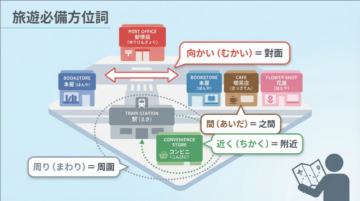 日本旅遊必備方位詞地圖圖解：用郵便局、車站、書店、花屋、咖啡廳說明向かい對面、間之間、近く附近、周り周圍的用法