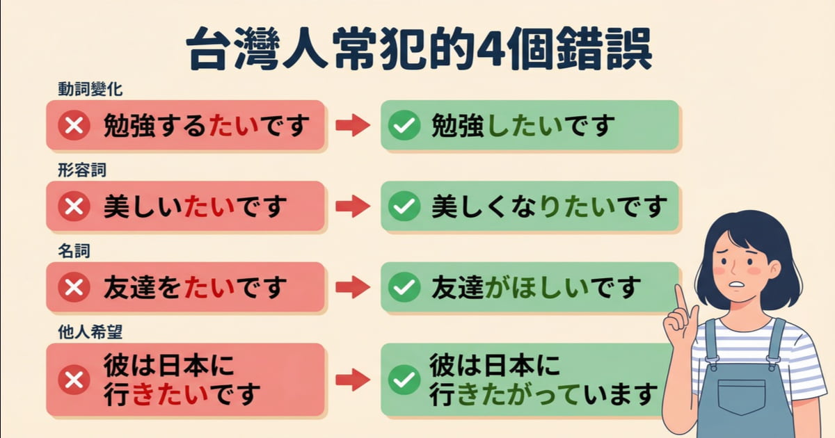 台灣人學日文常犯的4個「〜たいです」錯誤整理：動詞變化、形容詞誤用、名詞接續、描述他人希望的正確與錯誤對照
