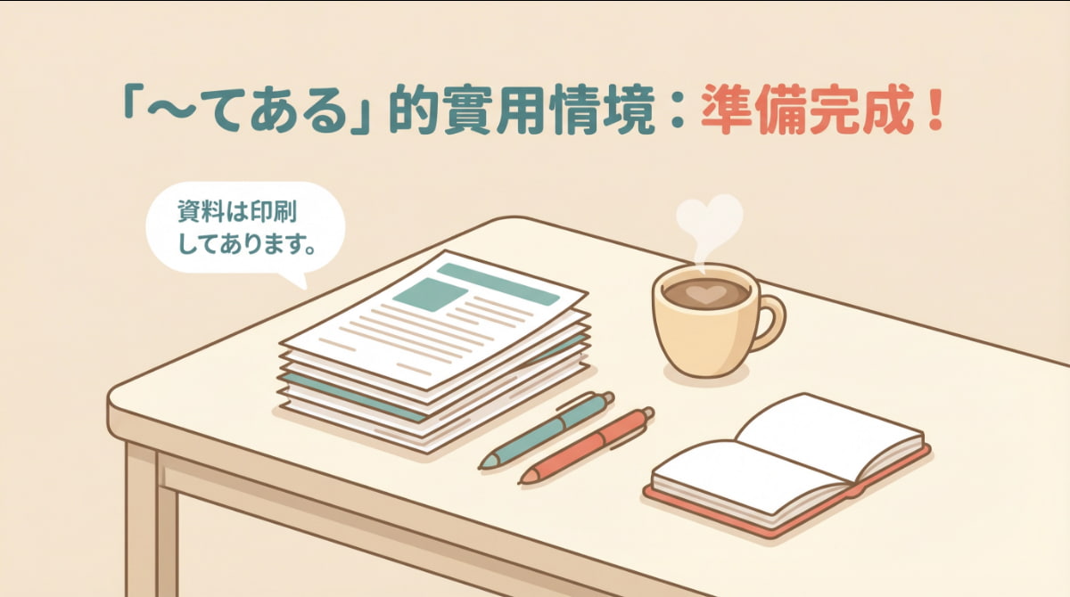 「〜てある」的實用情境示意圖：整理好的桌面資料，表示準備完成的狀態
