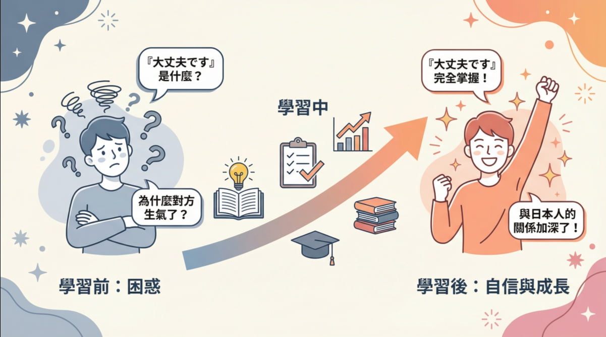 日語學習成長歷程圖，從困惑到掌握大丈夫です用法，展現學習者透過Native Camp Japanese線上日語課程建立自信的過程