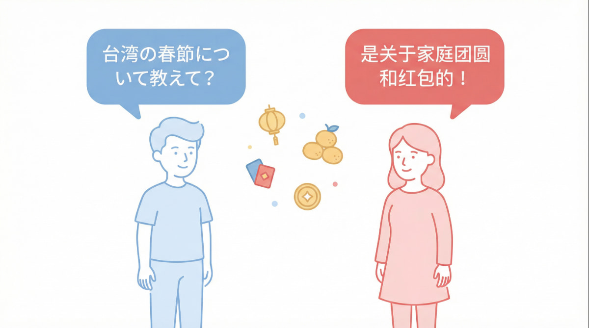 日本人與台灣人用日語討論春節的對話情境插圖，練習日語會話的實用場景示範