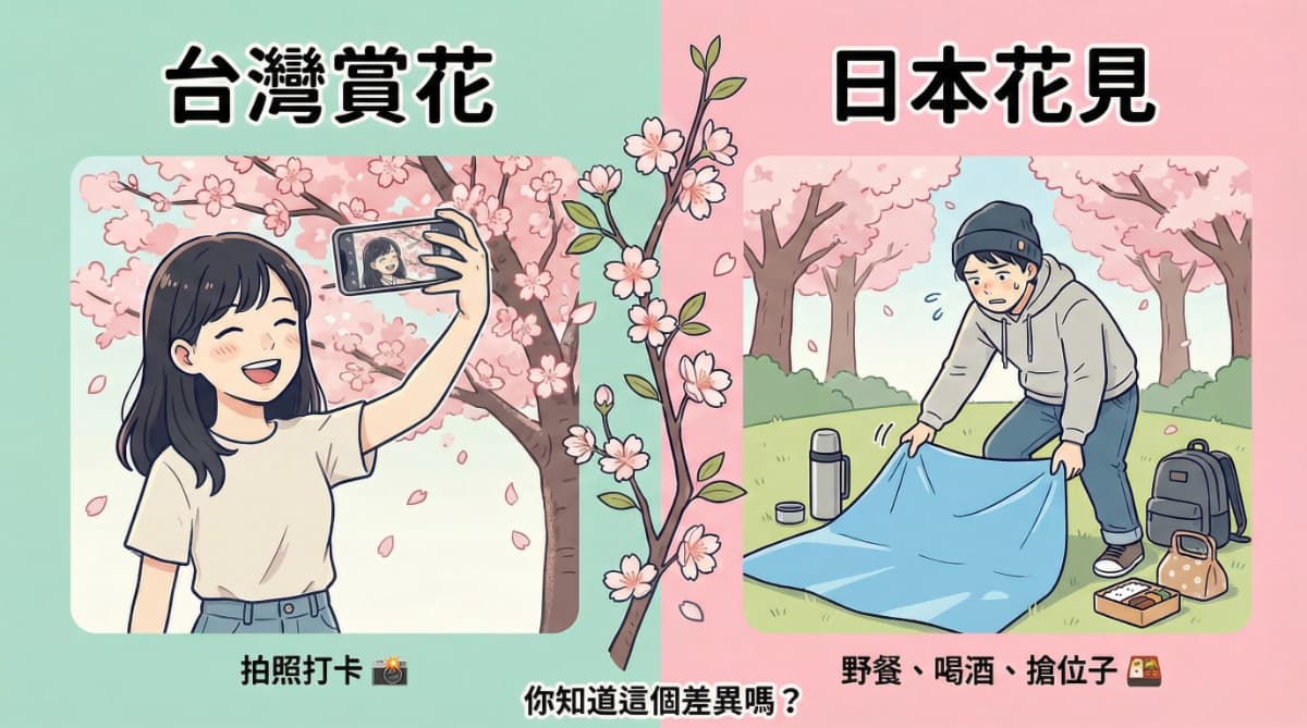 台灣賞花與日本花見的差異比較：左側台灣女生用手機自拍打卡，右側日本男生在公園鋪藍色野餐墊搶位子