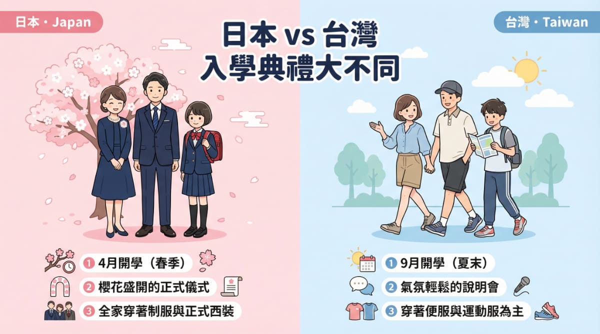 日本與台灣入學典禮的比較圖：左側為日本，全家在櫻花樹下穿著正式服裝；右側為台灣，全家穿著休閒服裝