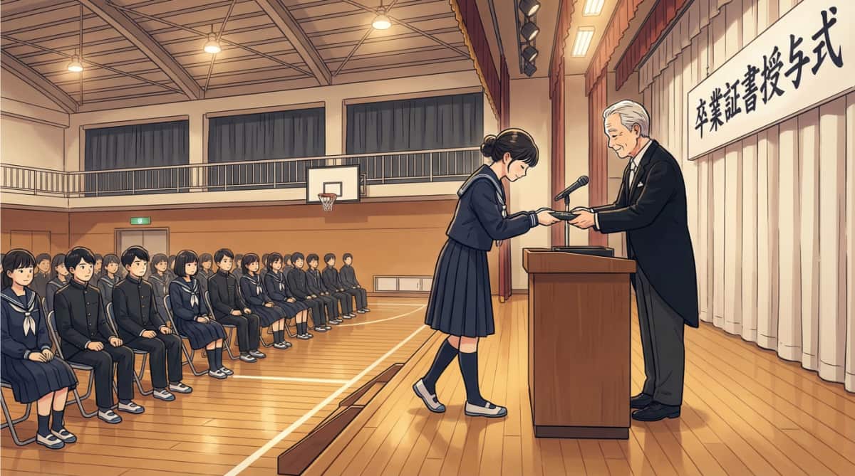 日本畢業典禮上學生走上舞台從校長手中親自接過畢業證書的場景插畫