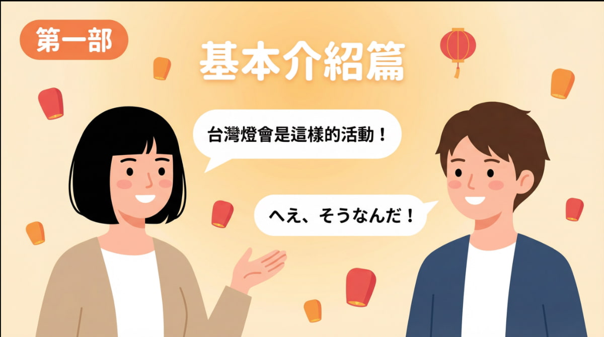 台灣人用日語向日本朋友介紹台灣燈會的對話場景插圖，學習基本日語介紹說法