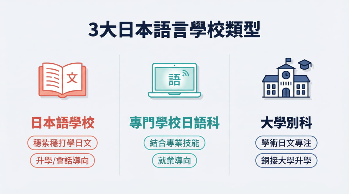 日本語言學校三大類型比較圖：日本語學校、專門學校日語科、大學別科的特色與方向