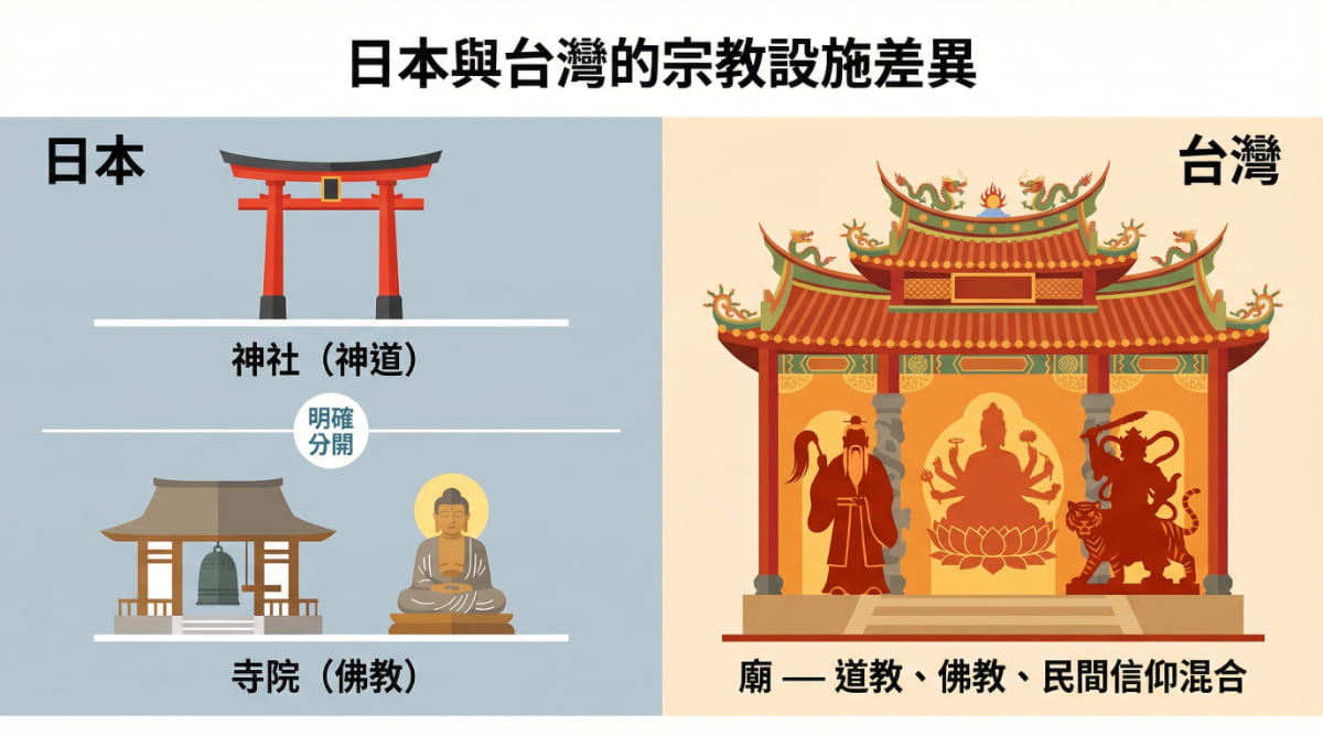 日本神社與寺院的神佛分離，以及台灣廟宇道教與佛教混合的宗教設施差異比較圖