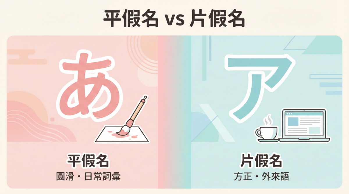平假名與片假名的差異比較：平假名字形圓滑用於日常詞彙，片假名字形方正用於外來語