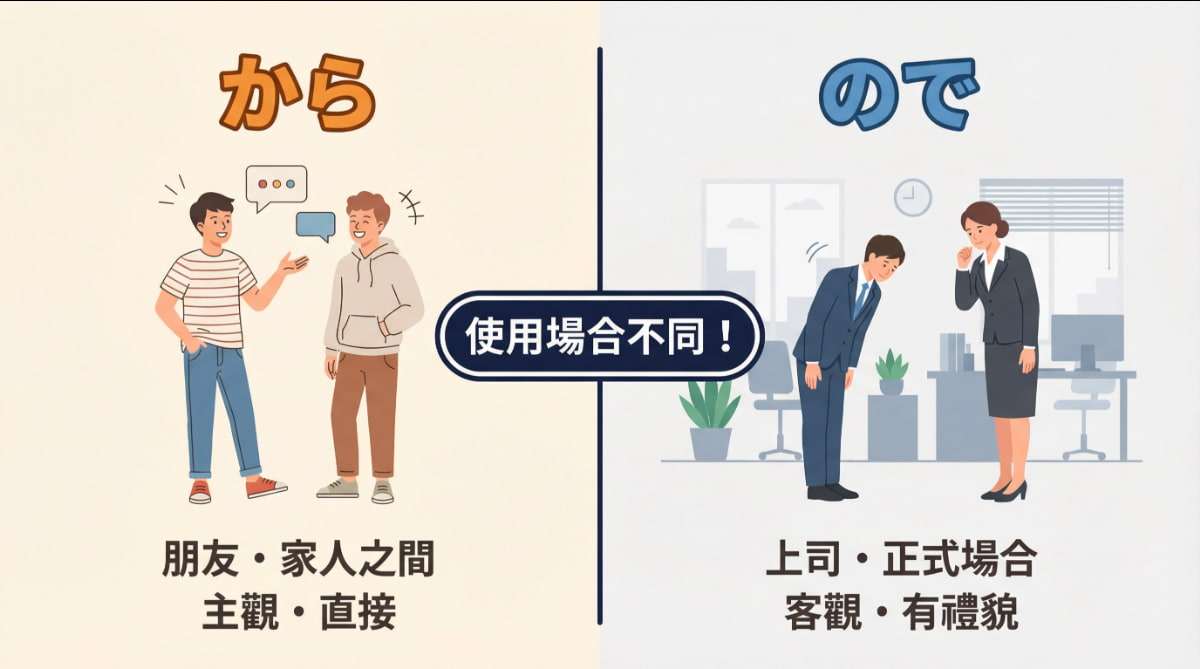 日語「から」和「ので」使用場合比較圖，左側為朋友之間使用「から」，右側為對上司使用「ので」的職場場景插圖