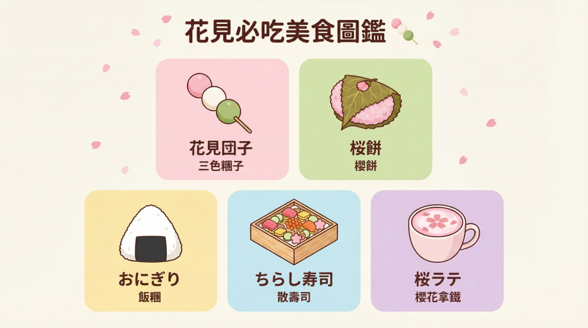 花見必吃美食圖鑑：花見団子（三色糰子）、桜餅（櫻餅）、おにぎり（飯糰）、ちらし寿司（散壽司）、桜ラテ（櫻花拿鐵）五種日本賞櫻經典美食插圖