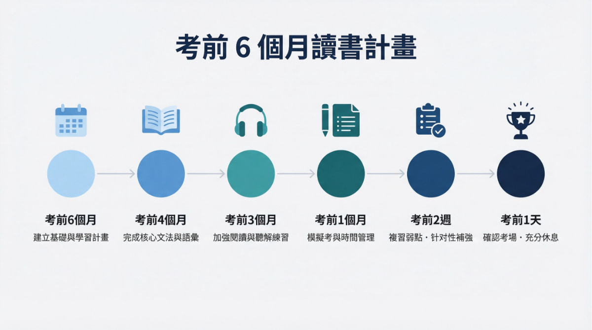 JLPT日文檢定考前6個月讀書計畫時程表,從考前6個月到考前1天的學習步驟說明