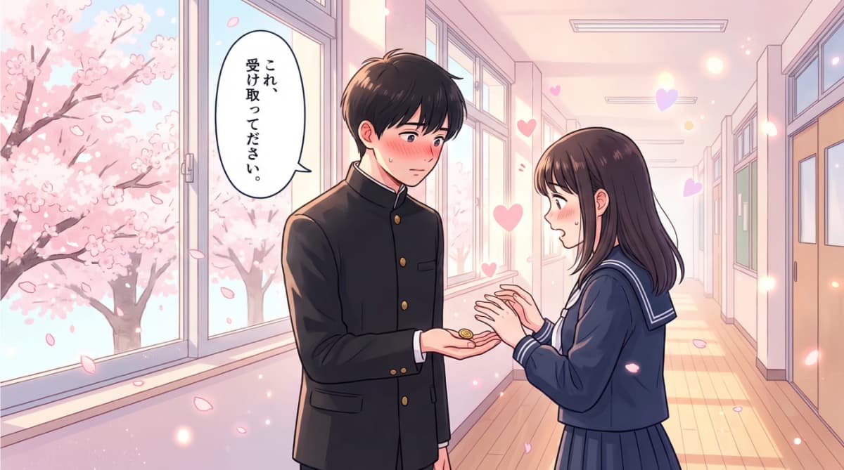 日本男高中生在畢業典禮當天把學蘭制服的第二顆鈕扣送給心儀對象的浪漫場景插畫