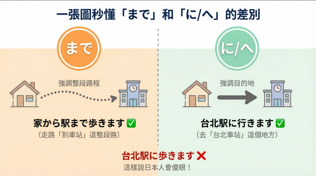 比較圖解：日語助詞「まで」強調路程終點（家から駅まで歩きます）、「に/へ」強調目的地方向（台北駅に行きます），以及錯誤用法「台北駅に歩きます」的說明