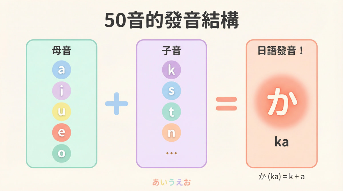 日語50音發音結構說明：母音a、i、u、e、o加上子音k、s、t等組合成日語音節，例如k加a等於か（ka）