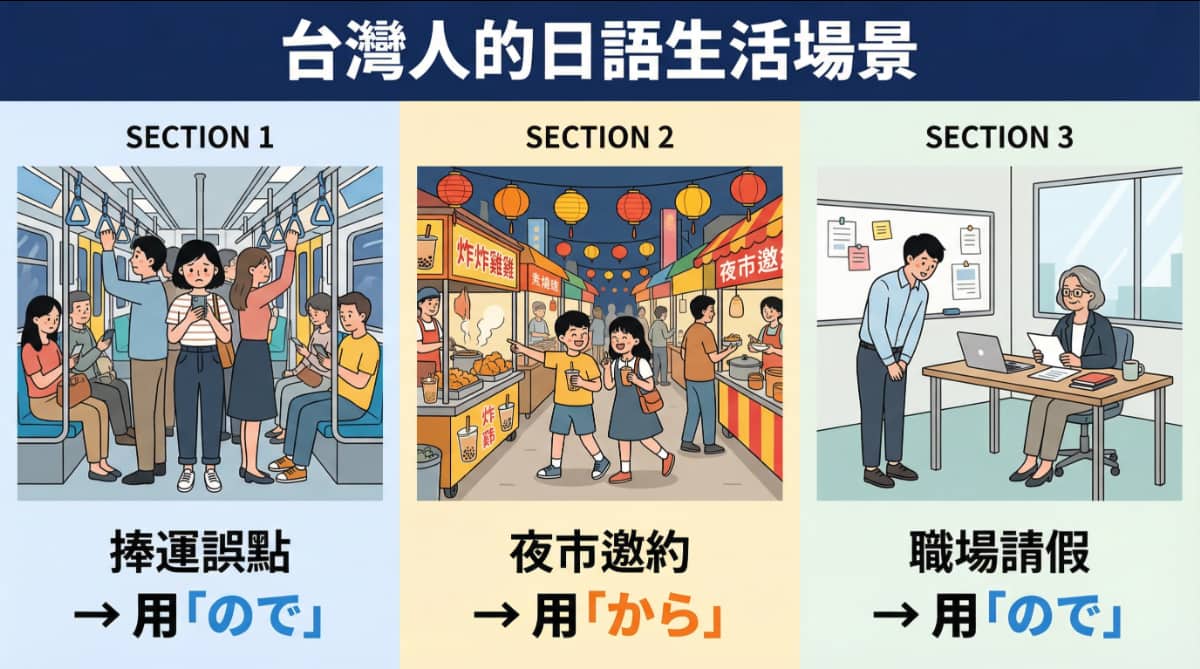 台灣日常生活場景與日語「から」「ので」用法對應圖，捷運誤點用「ので」、夜市邀約用「から」、職場請假用「ので」