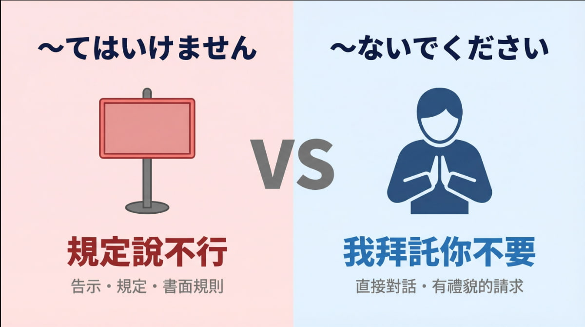 「〜てはいけません」和「〜ないでください」的差別：規定說不行vs我拜託你不要，使用場合比較