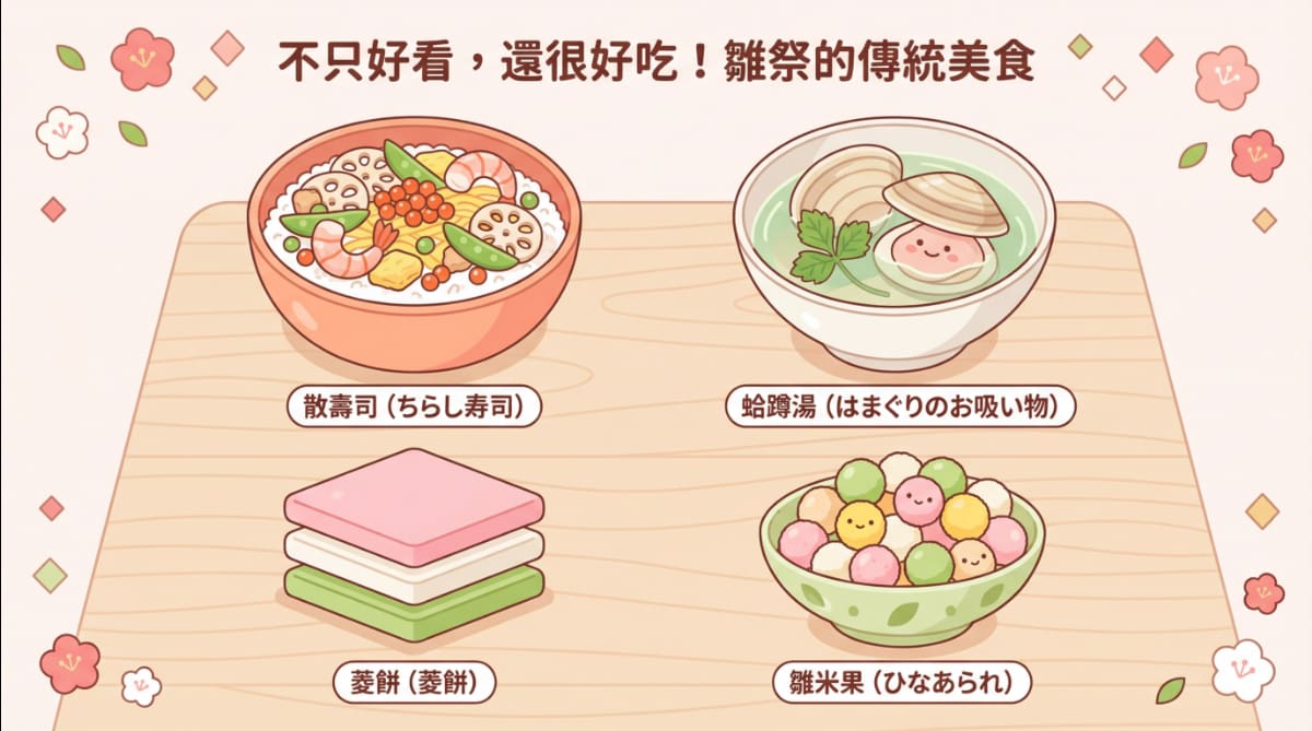 雛祭傳統美食插圖：散壽司、蛤蜊清湯、三色菱餅與雛米果，每道料理都蘊含對女孩幸福的祝福