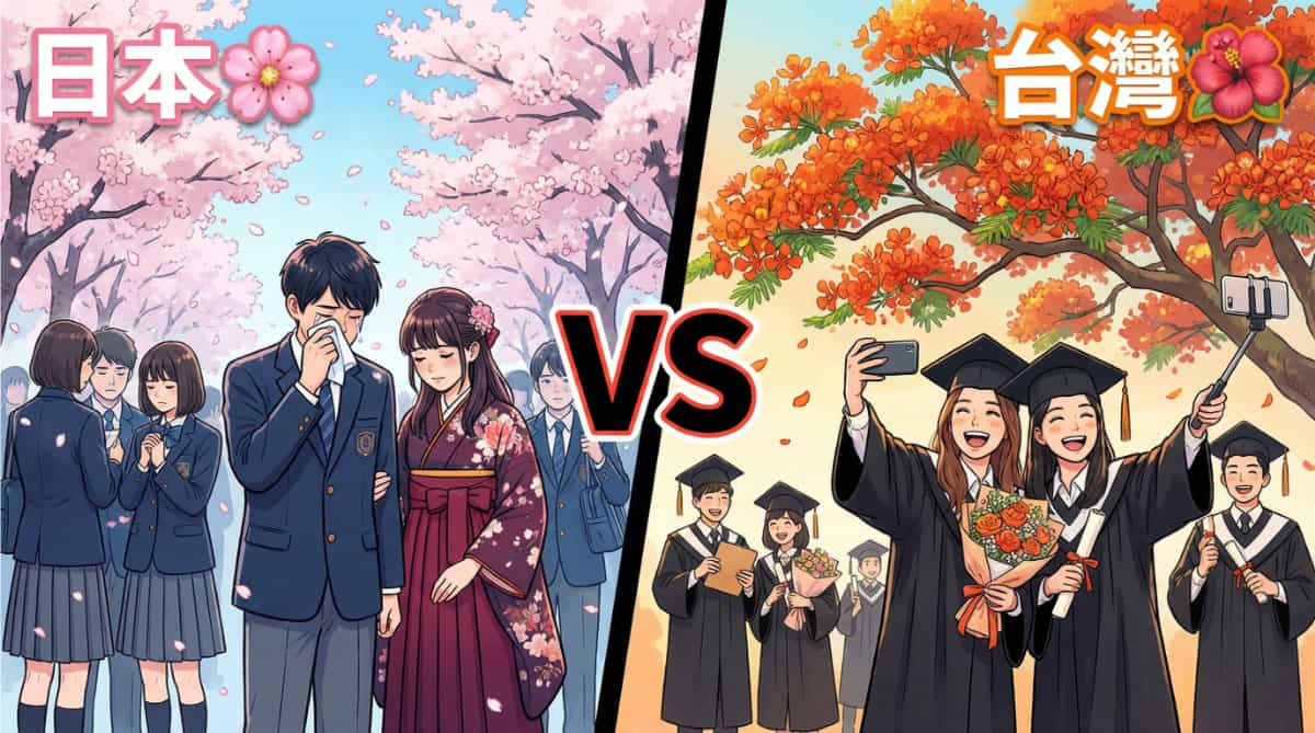 日本畢業典禮與台灣畢業典禮的文化差異比較插畫,左側為穿制服和袴的日本學生與櫻花,右側為穿學士服的台灣學生與鳳凰花