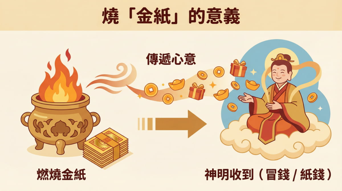 台灣拜拜文化中燃燒金紙傳遞心意給神明的意義與概念圖解