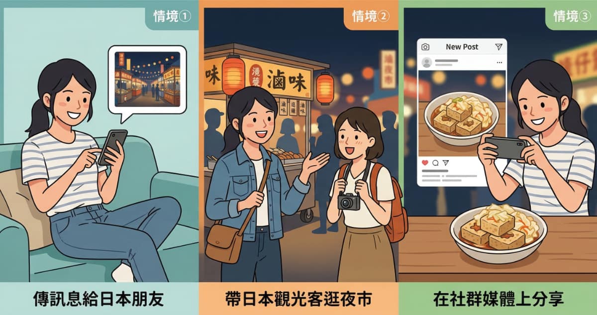 用日語介紹台灣夜市的三種情境：傳訊息給日本朋友、帶日本觀光客逛夜市、在社群媒體上分享
