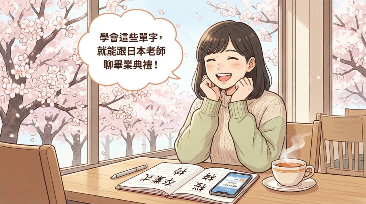 台灣女生在咖啡廳對著筆記本學習日語畢業典禮相關單字的插畫