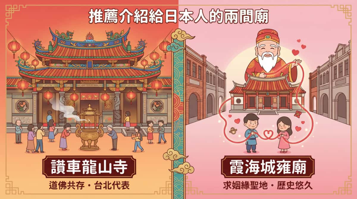 推薦介紹給日本人的兩間台灣知名廟宇：台北艋舺龍山寺與迪化街霞海城隍廟