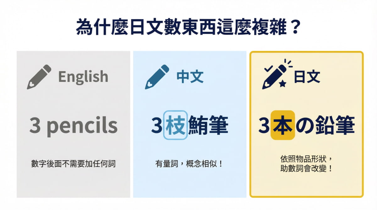 英文、中文、日文的數東西方式比較圖｜說明日文助數詞依物品形狀改變的特色