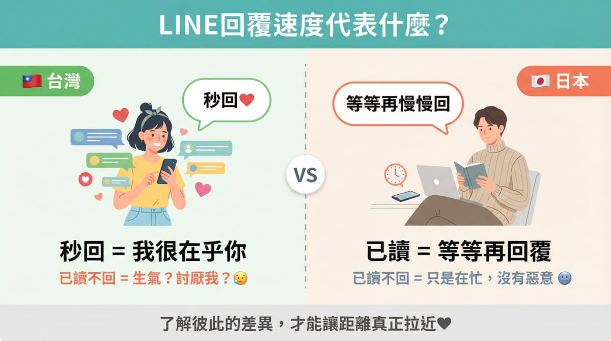 台灣人與日本人對LINE已讀不回的認知差異比較圖：台灣秒回代表在乎，日本已讀代表等等再回覆