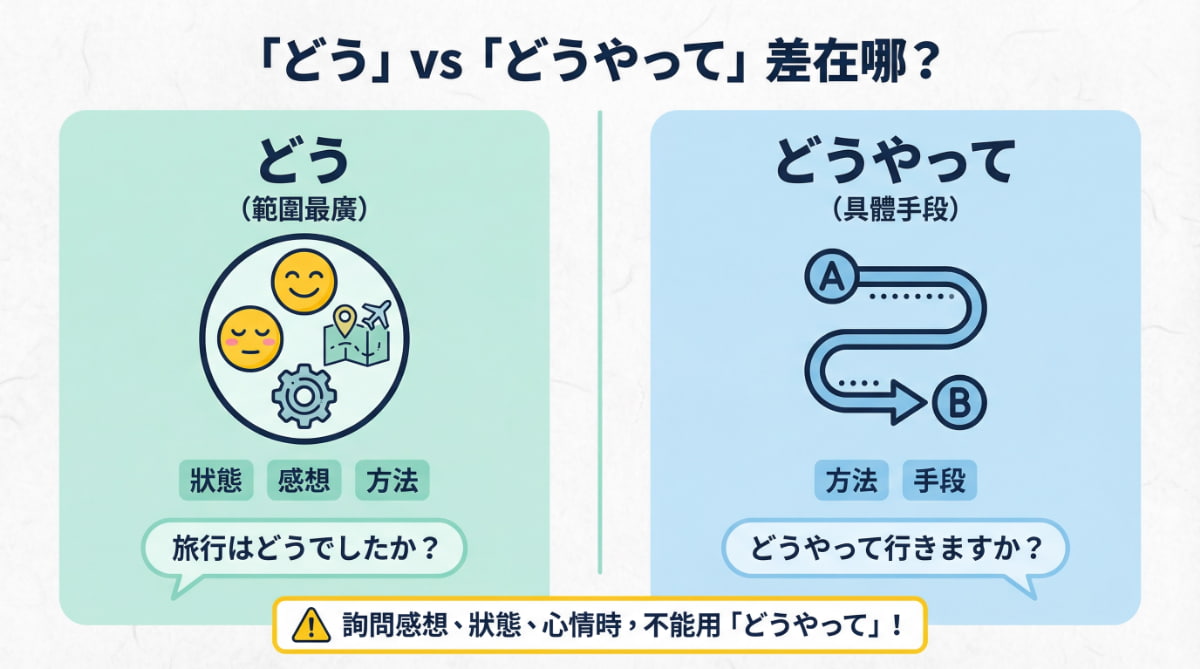 「どう」和「どうやって」的差異比較圖解：「どう」可用於狀態、感想、方法，範圍最廣；「どうやって」只能用於具體手段與方法，不能詢問感想或心情。