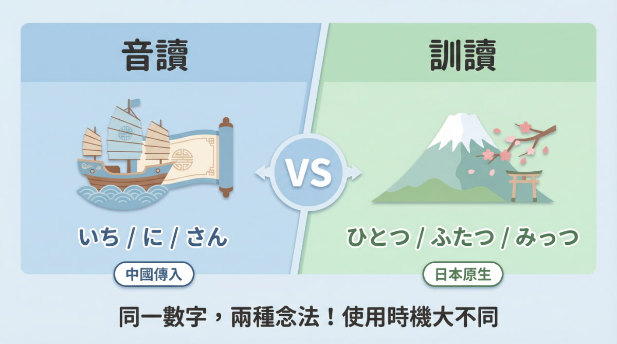 日文數字音讀與訓讀的差異比較，說明中國傳入的音讀和日本原生的訓讀用法
