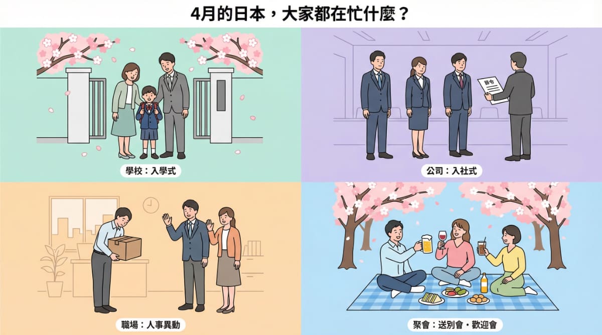 日本4月新年度四大場景插圖：左上為學校入學式家庭紀念照，右上為公司入社式新進員工列隊，左下為職場人事異動員工搬箱道別，右下為櫻花樹下的送別會與歡迎會乾杯場景