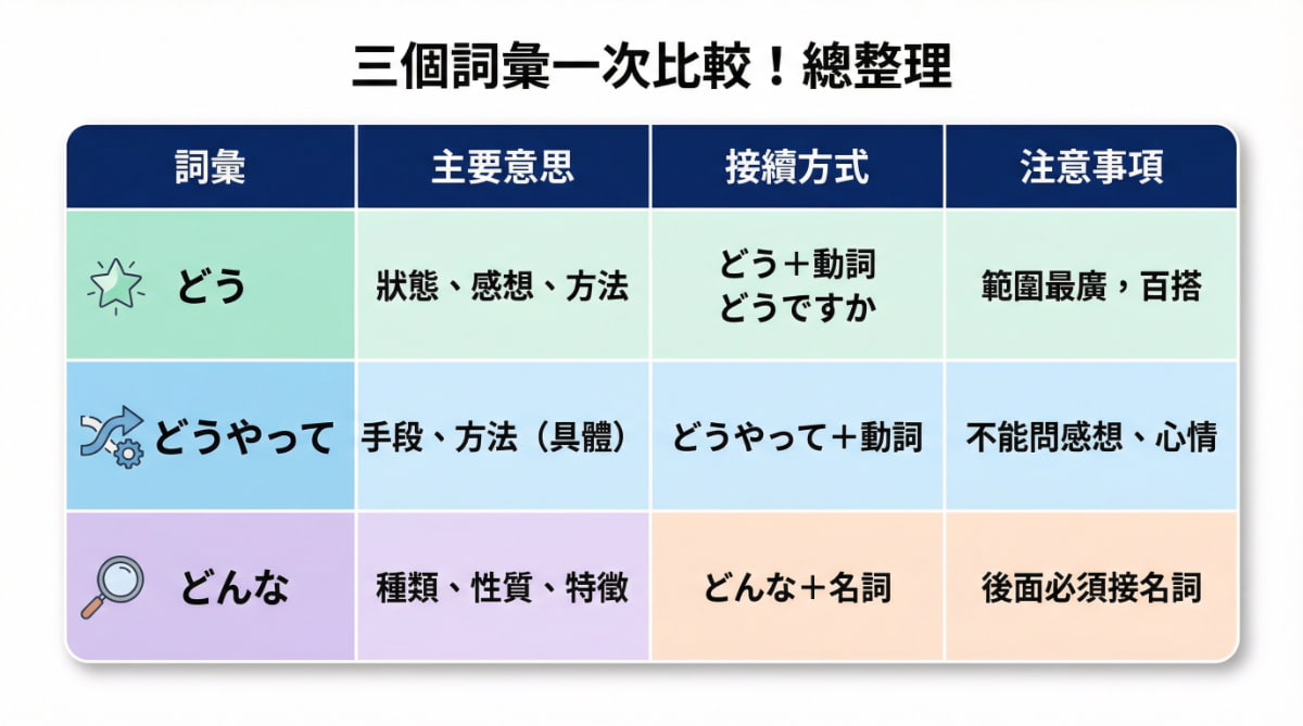 日語N5文法總整理比較表：「どう」（狀態、感想、方法）、「どうやって」（具體手段與方法）、「どんな」（種類、性質、特徵）三個疑問詞的接續方式與注意事項一覧。