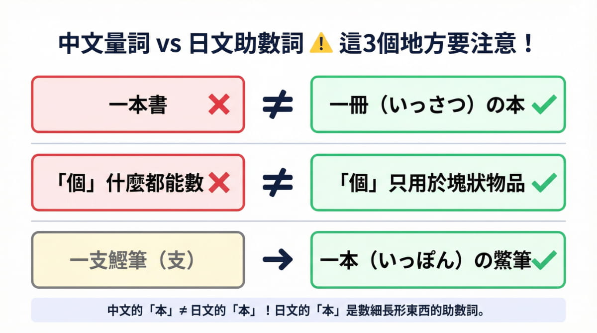 中文量詞與日文助數詞的差異比較圖｜一本書在日文應說一冊、個的用法不同、鉛筆用本來數